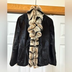 Angellost Luxury Black Fur Coat with Natural Beige Fur Trim Sz M